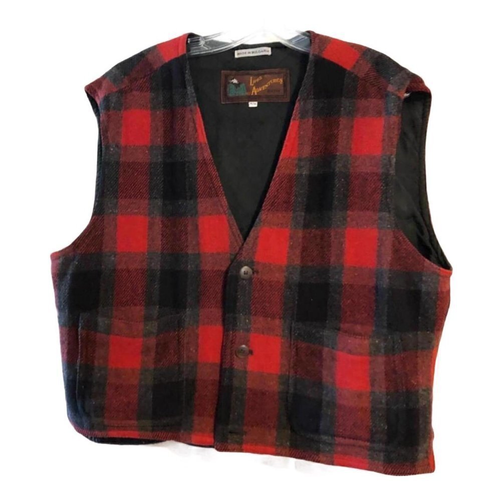 Lifes Adventures Men's Size M Plaid Vest Wool Blend Pockets Red Black #4146